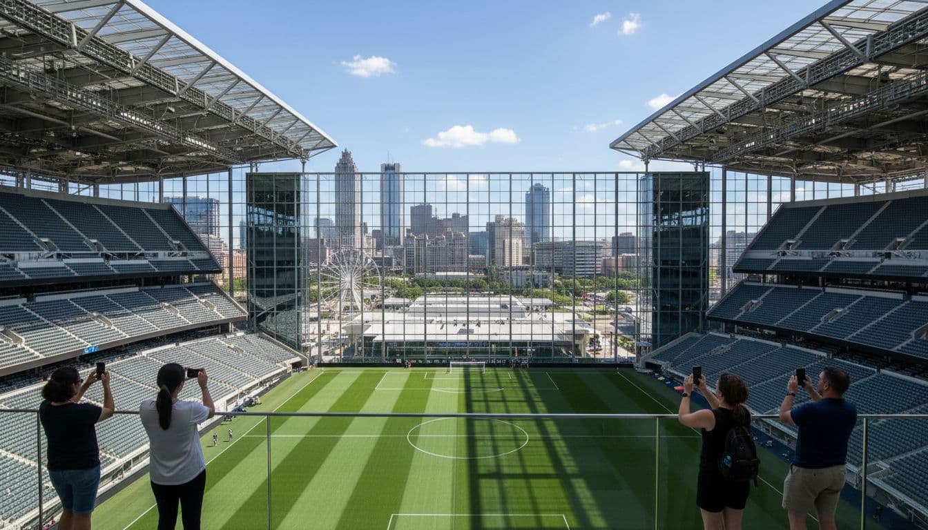 A stunning panoramic view from the skybridge at Mercedes-Benz Stadium, overlooking the soccer pitch with goalposts and the Atlanta skyline through the Window to the City on a clear day.