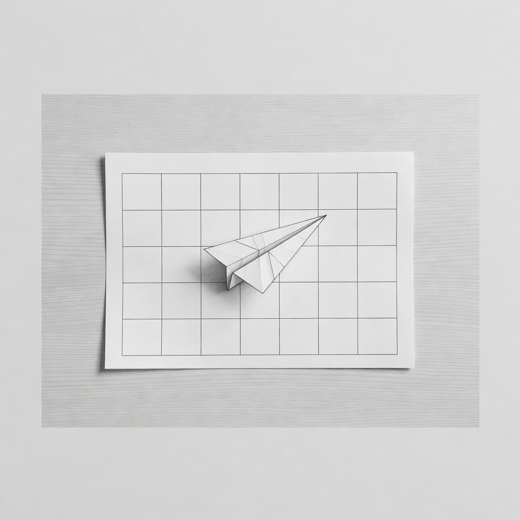 A detailed graphite sketch displays a monthly calendar grid on a desk. A small paper airplane rests precisely on a Wednesday square, illustrating travel plans set against a textured paper background.