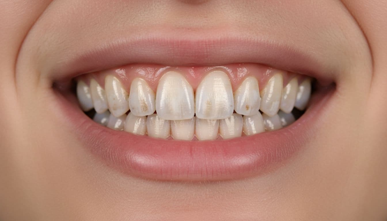 Close-up realistic photograph of a young adult's lower front teeth in a natural mouth setting, displaying mild fluorosis with streaky opaque white spots and light brown patches on incisors and canines.