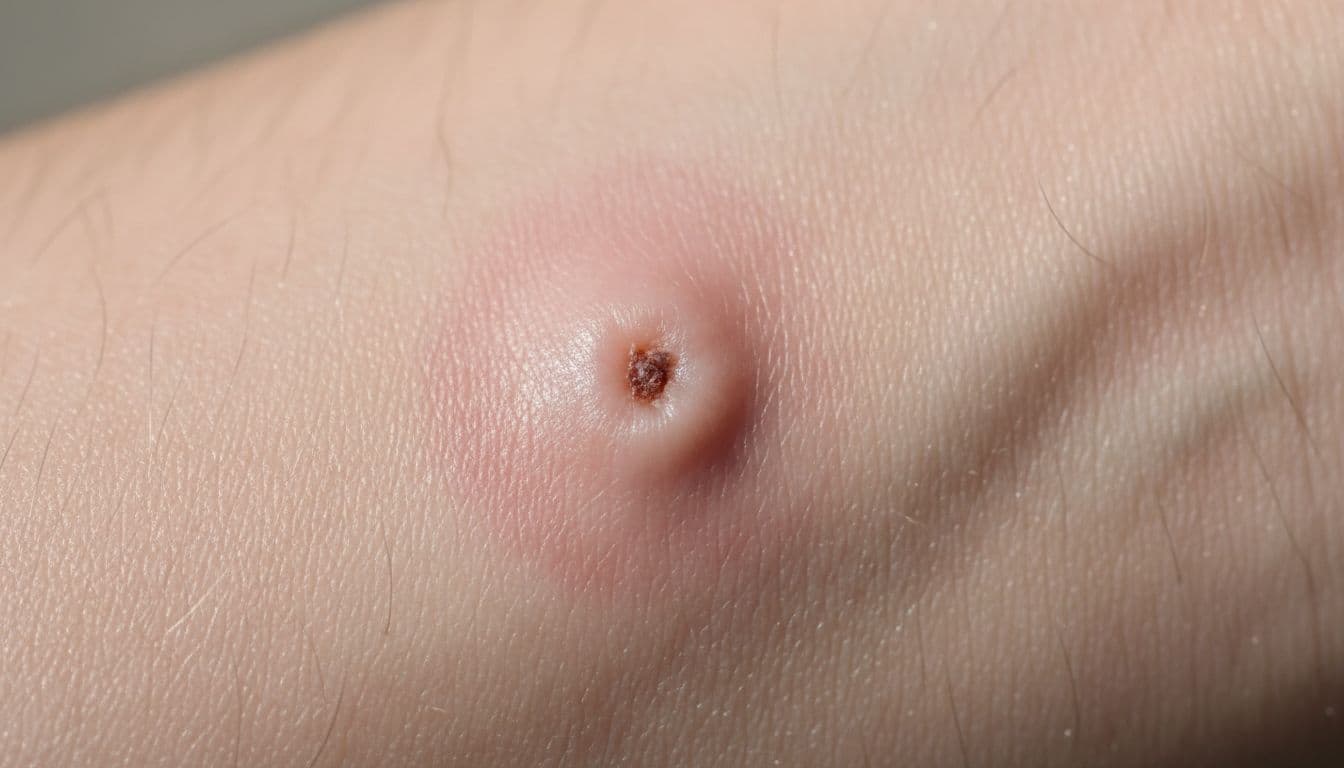 A close-up view of a mild spider bite on human skin, showing slight redness, a small raised bump, and mild swelling around the puncture site. The skin looks irritated but not severely damaged, with a tiny scab forming.