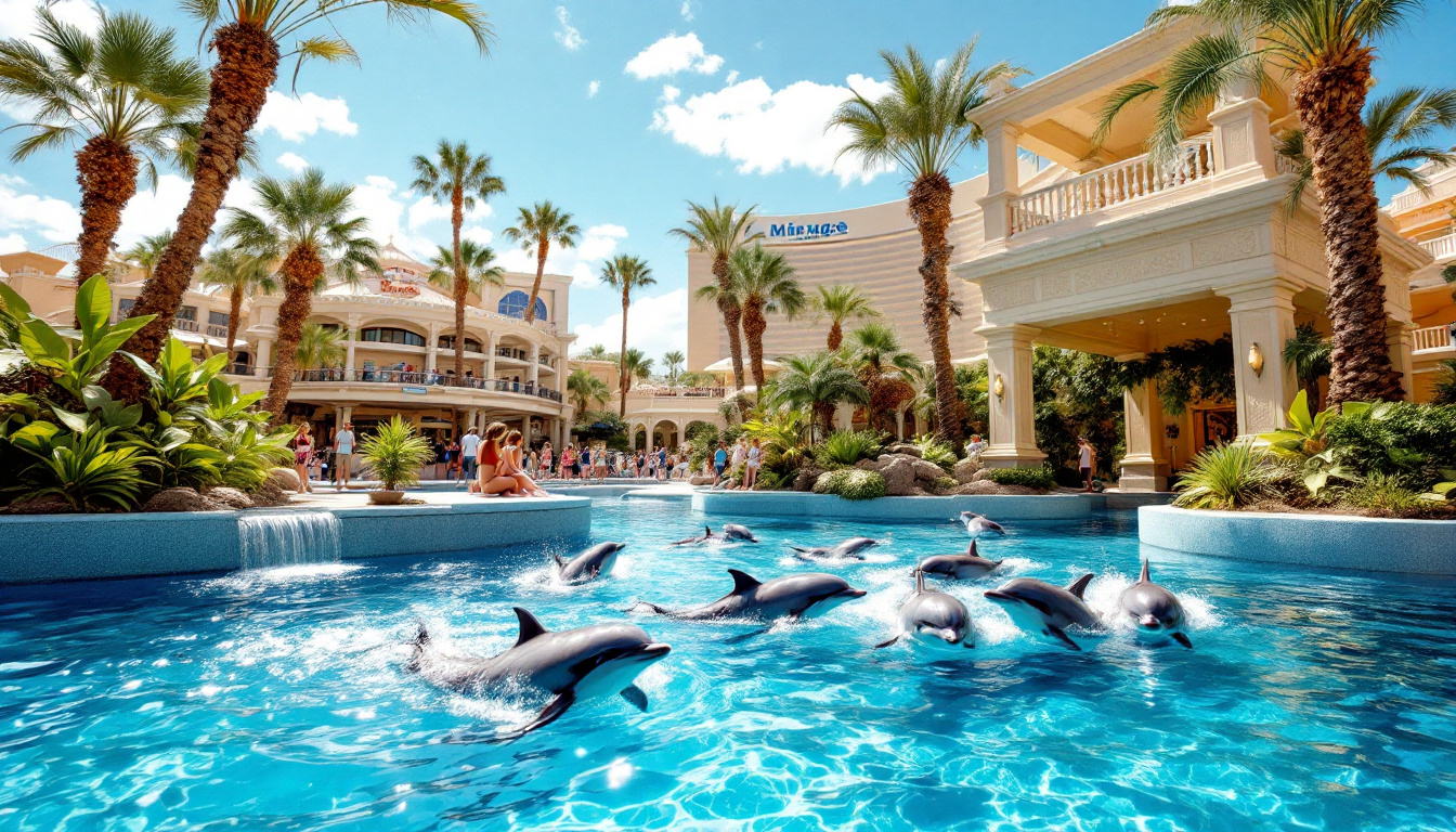Ultra hyper realistic photo style image: Dolphins swim in a clear blue pool at Mirage's Secret Garden and Dolphin Habitat. Families and kids watch from a shaded deck surrounded by tropical plants, with the resort visible in the background. Lively, colorful, and family-friendly. Image created with AI.