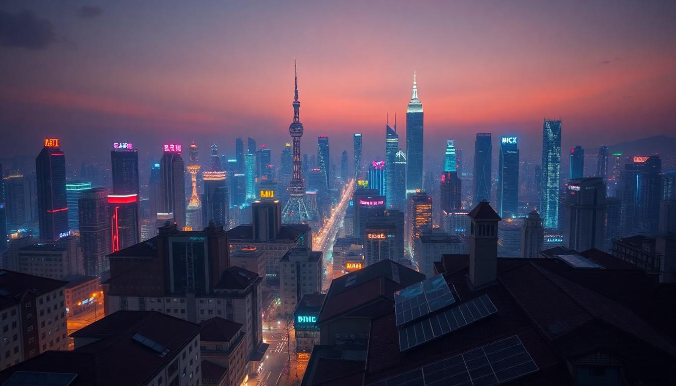 Which Countries Have AI in 2025? (Top Places Powering Smart Tech Worldwide) Modern Chinese cityscape at dusk, with neon data streams and glowing AI dashboards. Ultra-realistic, created with iPhone 17 Pro.