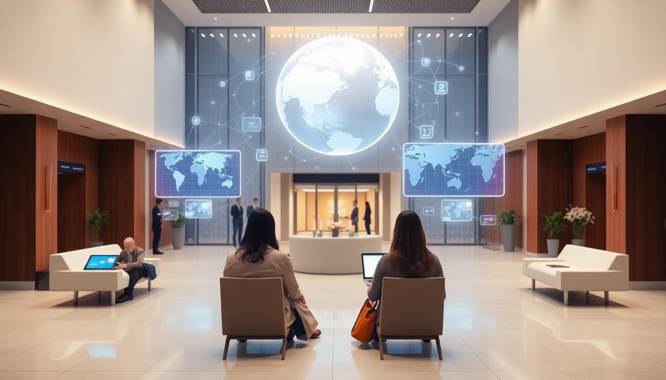 A modern embassy lobby transformed into a digital hub. Citizens use tablets and laptops; holographic screens display maps and translation bubbles. Professional and welcoming, image created with AI.