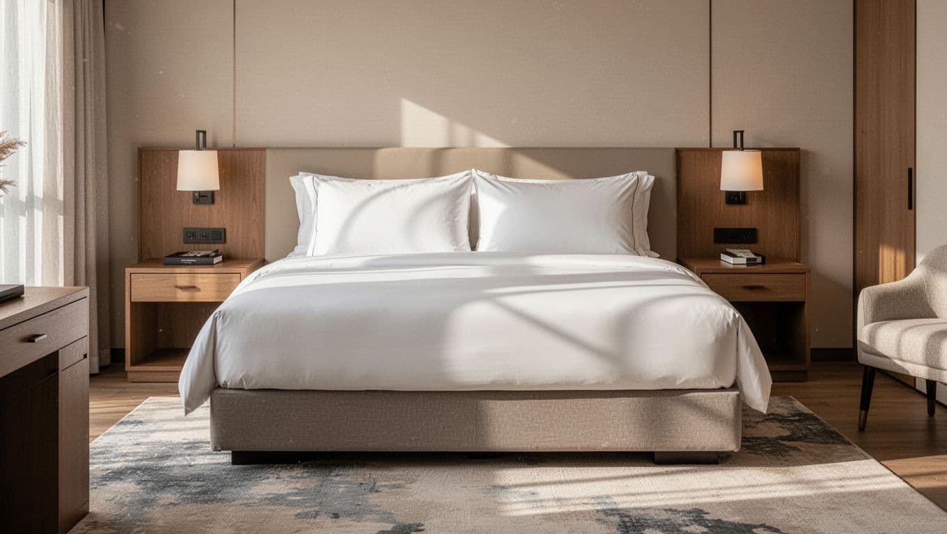 A pristine hotel suite features a plush bed with crisp white linens centered against a soft-toned wall. Warm amber lamps provide a gentle glow, enhancing the serene and inviting atmosphere.