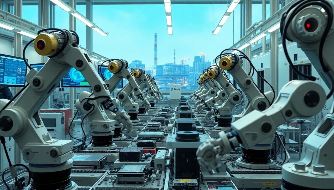 Which Countries Have AI in 2025? (Top Places Powering Smart Tech Worldwide) Ultra-realistic photo of a modern robotics factory floor in Japan, with robotic arms assembling products and AI dashboards on screens. A semiconductor plant is visible in the background, representing South Korea. Image created with AI.
