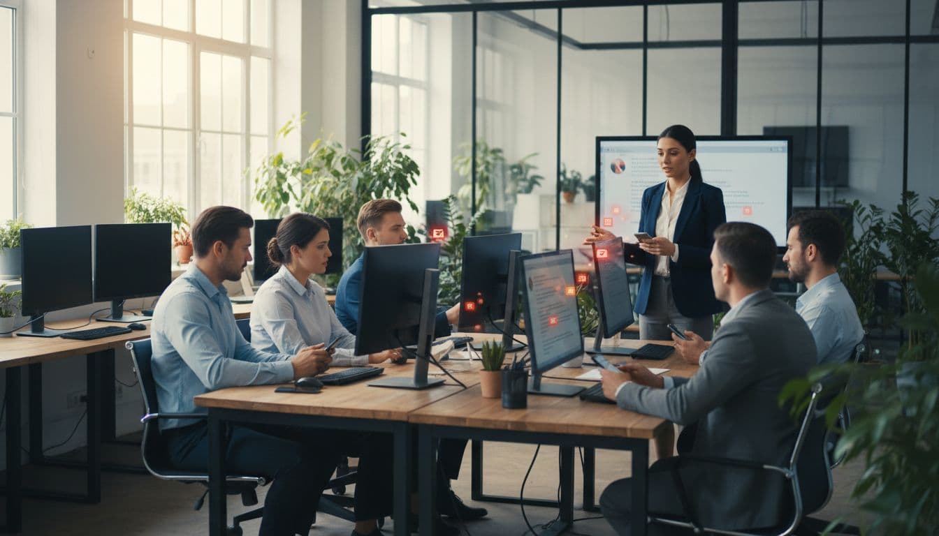 People in a modern office check phones with subtle alert icons signaling rising team chat tension, as one pauses a meeting to address it calmly amid plants and natural light.