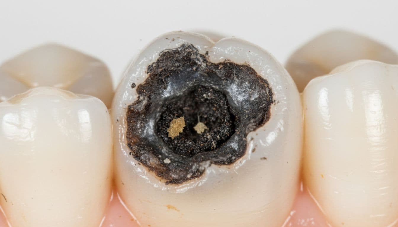 Moderate cavity with a deeper dark crater and rough edges on a molar