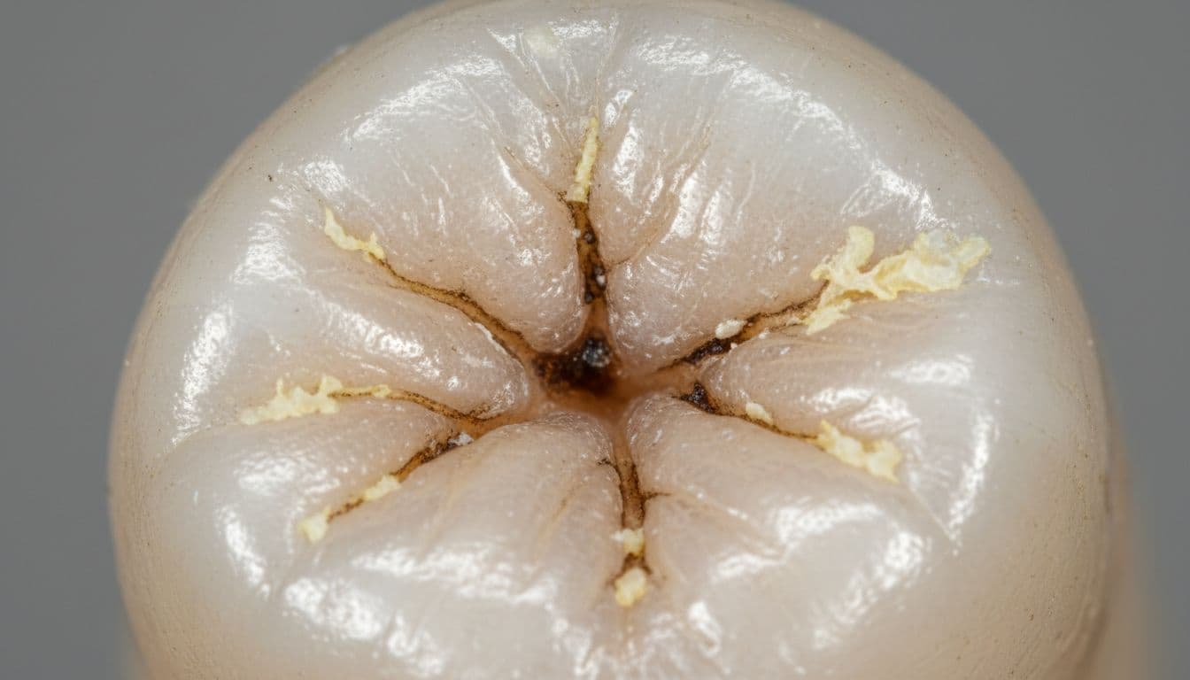 Realistic close-up of a human molar's chewing surface showing deep fissures with an early cavity and plaque.