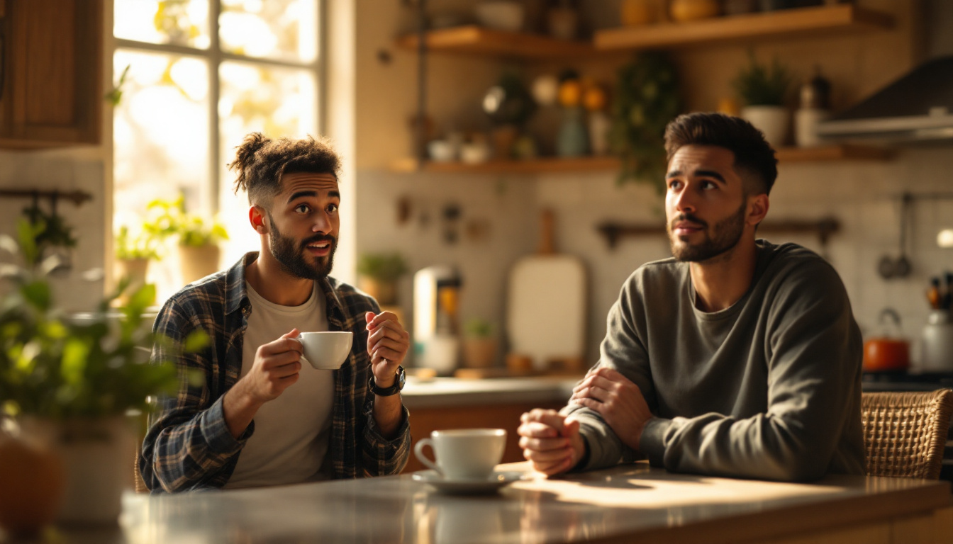 Ultra hyper realistic photo of a morning kitchen scene showing two people with different caffeine responses. On the left, a person with jittery eyes and fidgety hands holding a small espresso. On the right, another person sits calmly with a large mug, relaxed. Warm morning light fills the cozy kitchen. The body language is clear: one is buzzing, one is zen. Image generated with AI