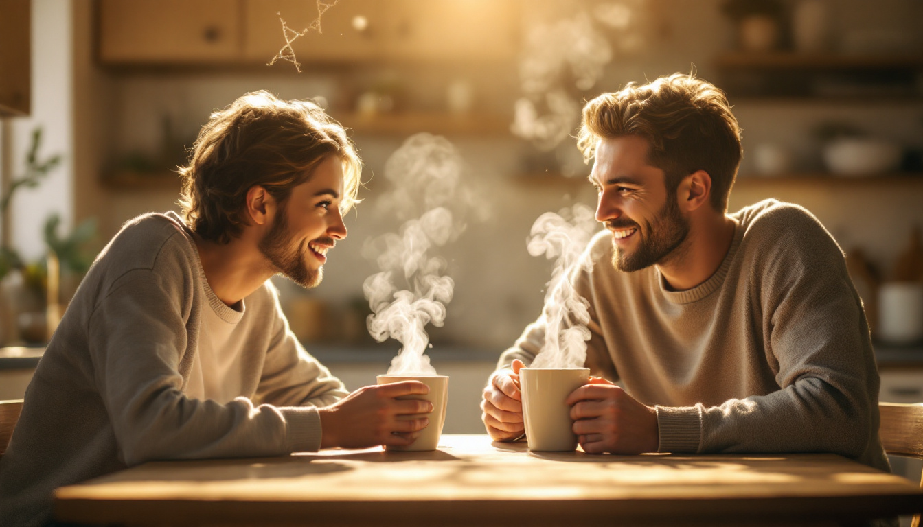 A sunlit kitchen where one partner clutches a tiny espresso, wide-eyed, while the other relaxes with a massive cup of coffee. Steam swirls in the air, hinting at DNA shapes. The scene bursts with warmth, intimacy, and subtle humor. Image created with AI.