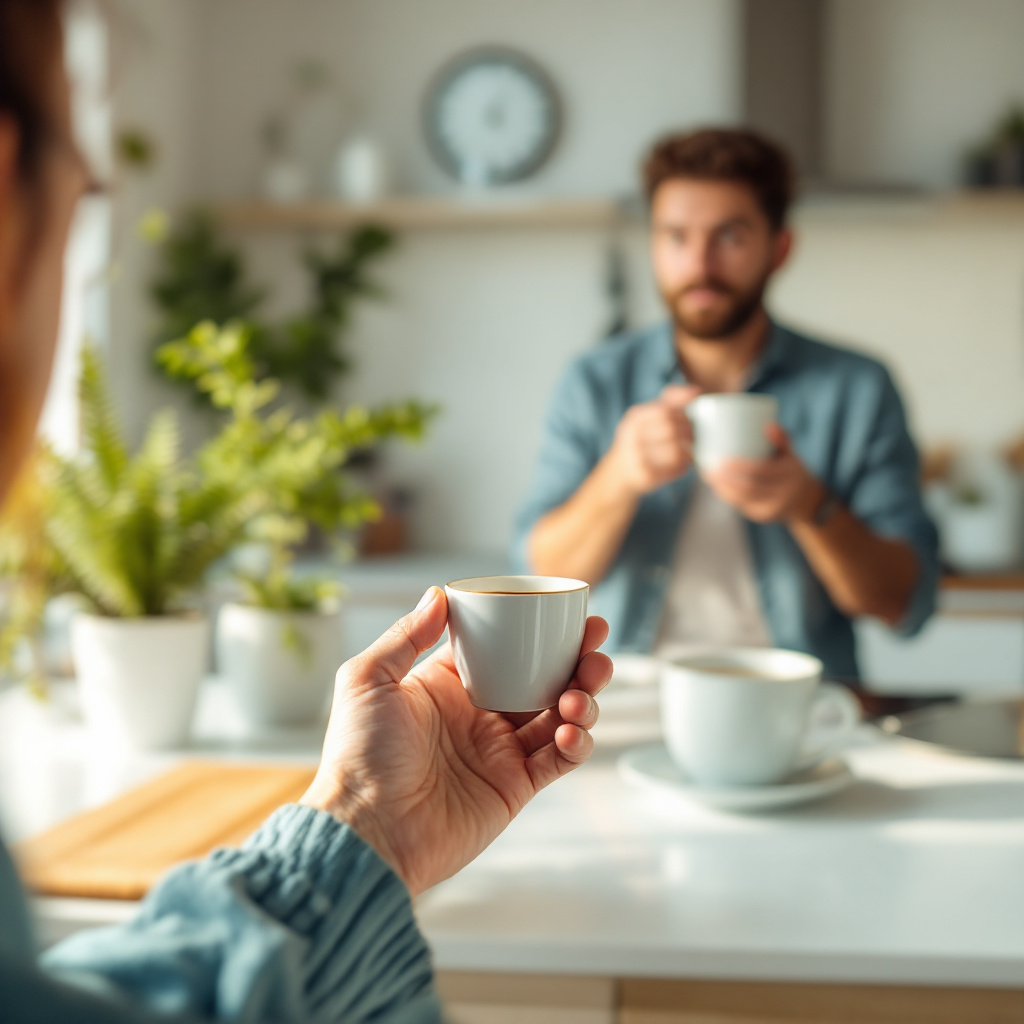 A bright morning kitchen scene with one person gripping a tiny espresso cup with a jittery, wide-eyed look, while another calmly sips from a giant mug. Sun streams across the breakfast table. The mood is playful yet revealing. Image created with AI.