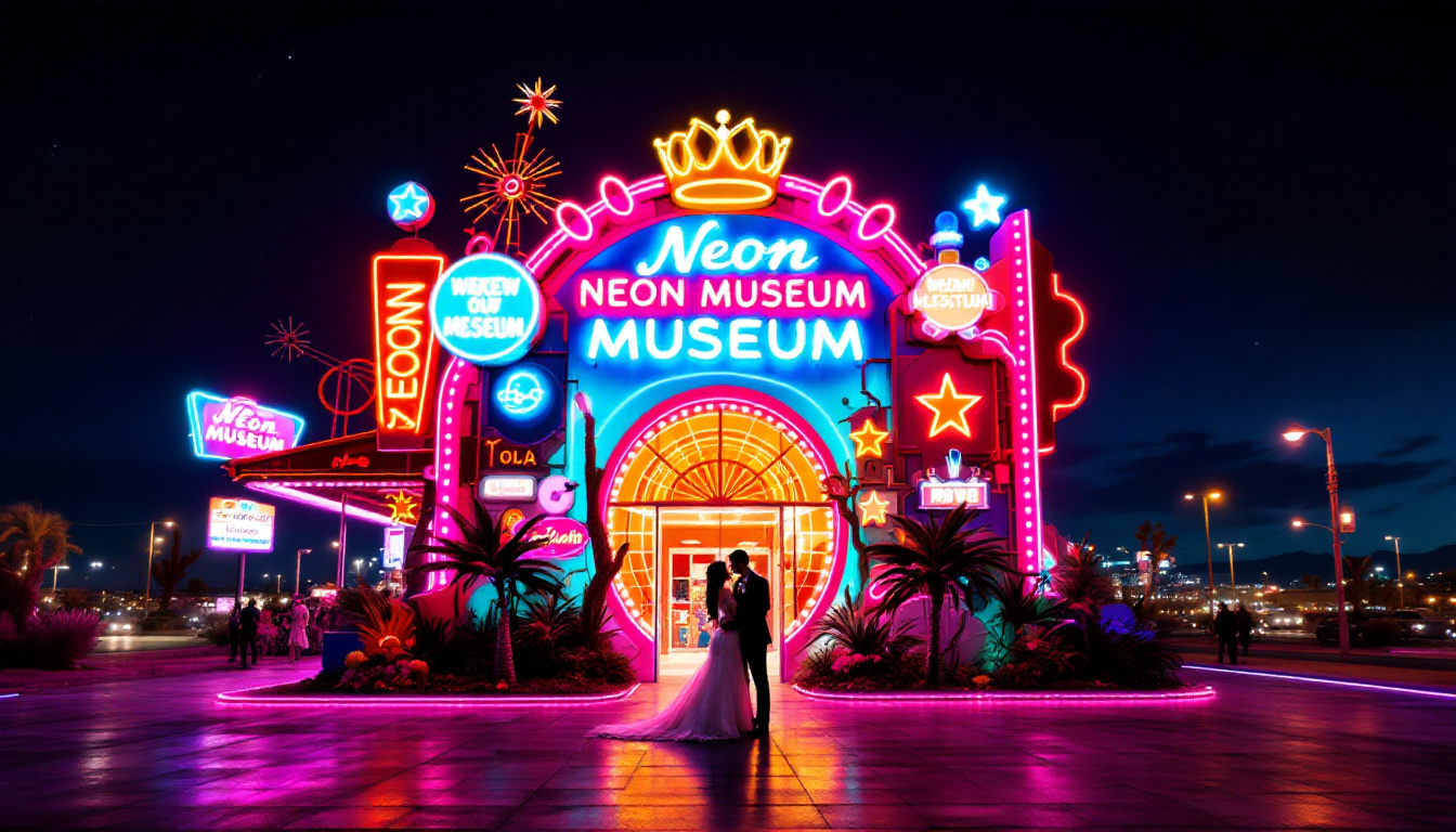 Ultra hyper realistic photo style image of the Neon Museum as a wedding backdrop at night, vibrant retro signs, couple posing, neon glow reflecting on the ground, festive wedding vibe, desert city lights in the background. Image created with AI.