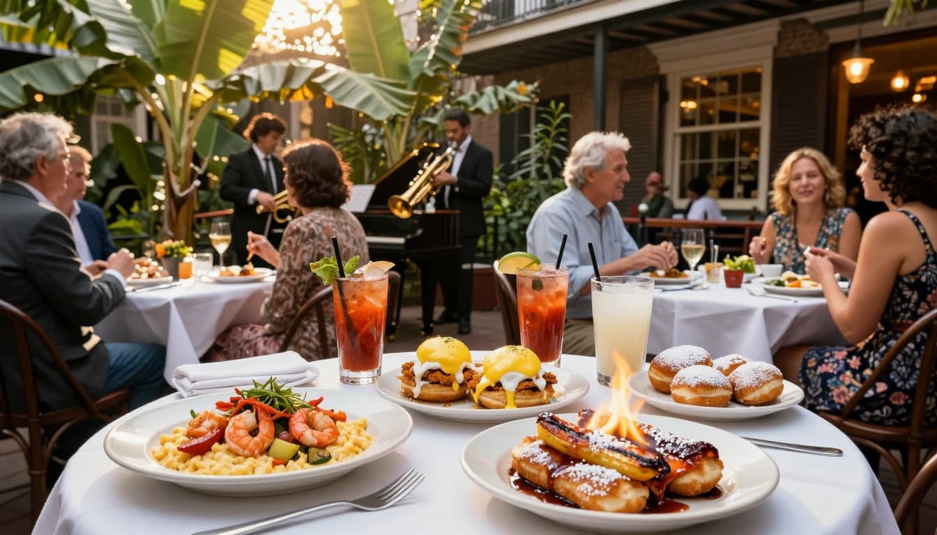 A vibrant brunch scene in a historic New Orleans courtyard restaurant with colorful Creole dishes like shrimp and grits, beignets, and flaming Bananas Foster, accompanied by jazz musicians.