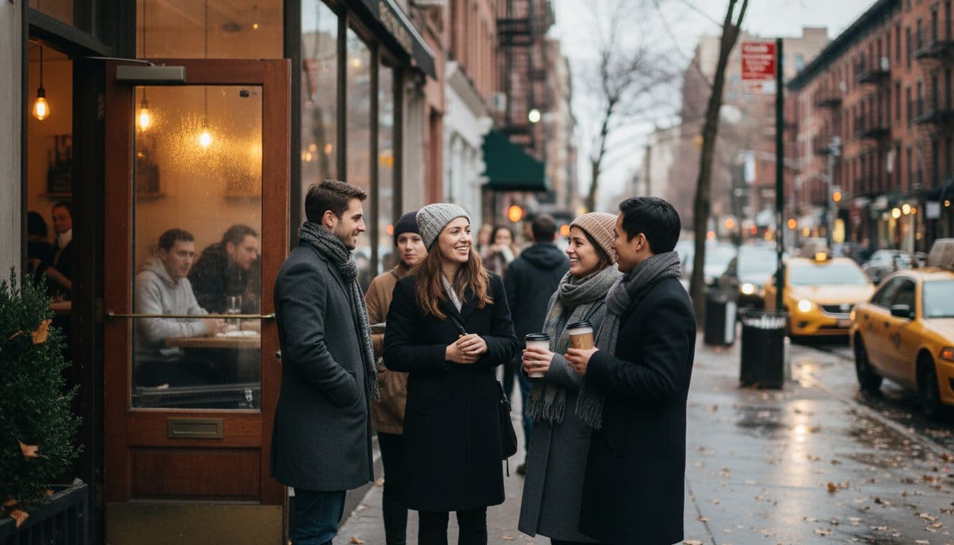 A chilly November NYC brunch scene with a cozy cafe, people in coats waiting in line, autumn leaves on the sidewalk, yellow cabs, and warm light inside the restaurant. Image created with AI.