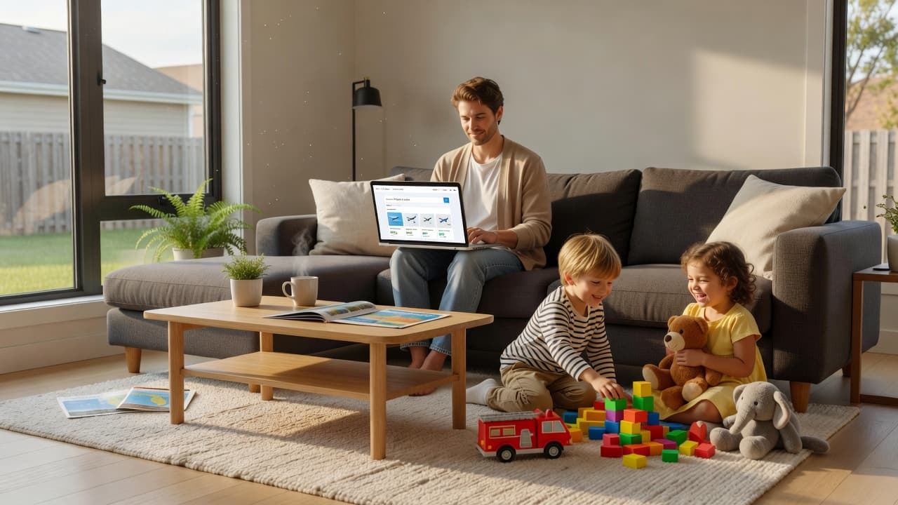 A parent relaxes on a modern sofa while using a laptop to browse travel deals. Nearby, two young children play on the floor with colorful blocks in a sunlit living room.