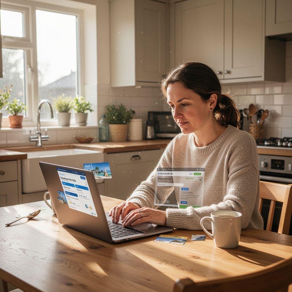 A focused parent sits at a sunny kitchen table with an open laptop displaying travel websites. Various hotel and rental booking comparisons fill the screen during a quiet afternoon at home.