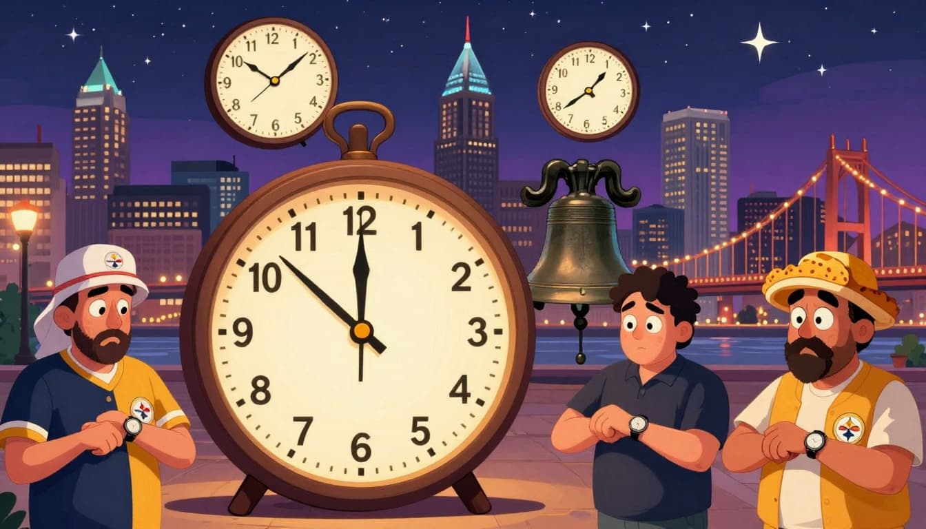 Humorous cartoon illustration of Pennsylvania clocks changing for daylight saving time, with oversized analog clocks jumping from 2:00 AM to 3:00 AM in spring and falling back from 2:00 to 1:00 AM in fall, set against Philadelphia skyline, Liberty Bell, Pittsburgh bridges, and confused locals in Steelers jerseys and Philly cheesesteak hats.