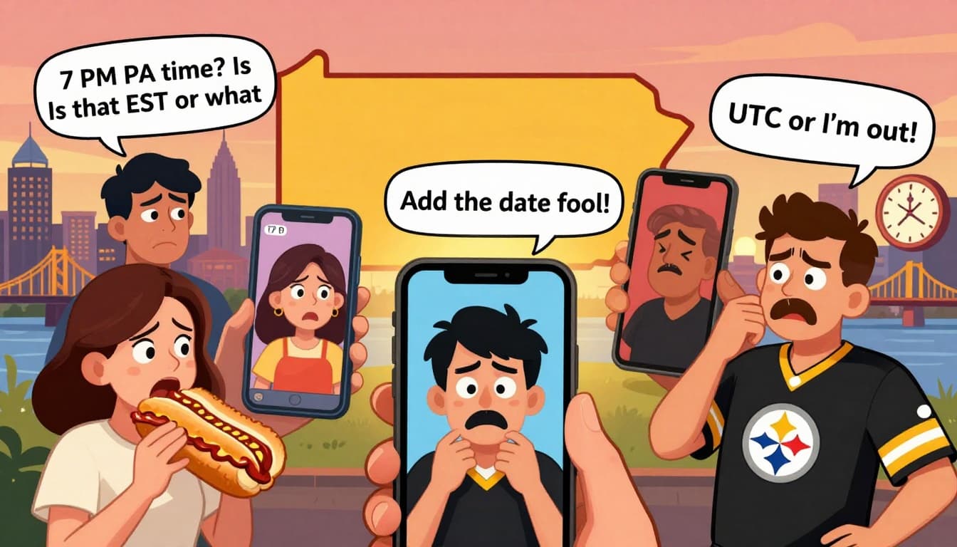 A vibrant cartoon illustration depicting a family group chat spiraling into confusion over Pennsylvania time zones, with smartphones showing frustrated messages, family members with Philly cheesesteak and Steelers jersey, Pennsylvania landmarks, and mismatched clocks.