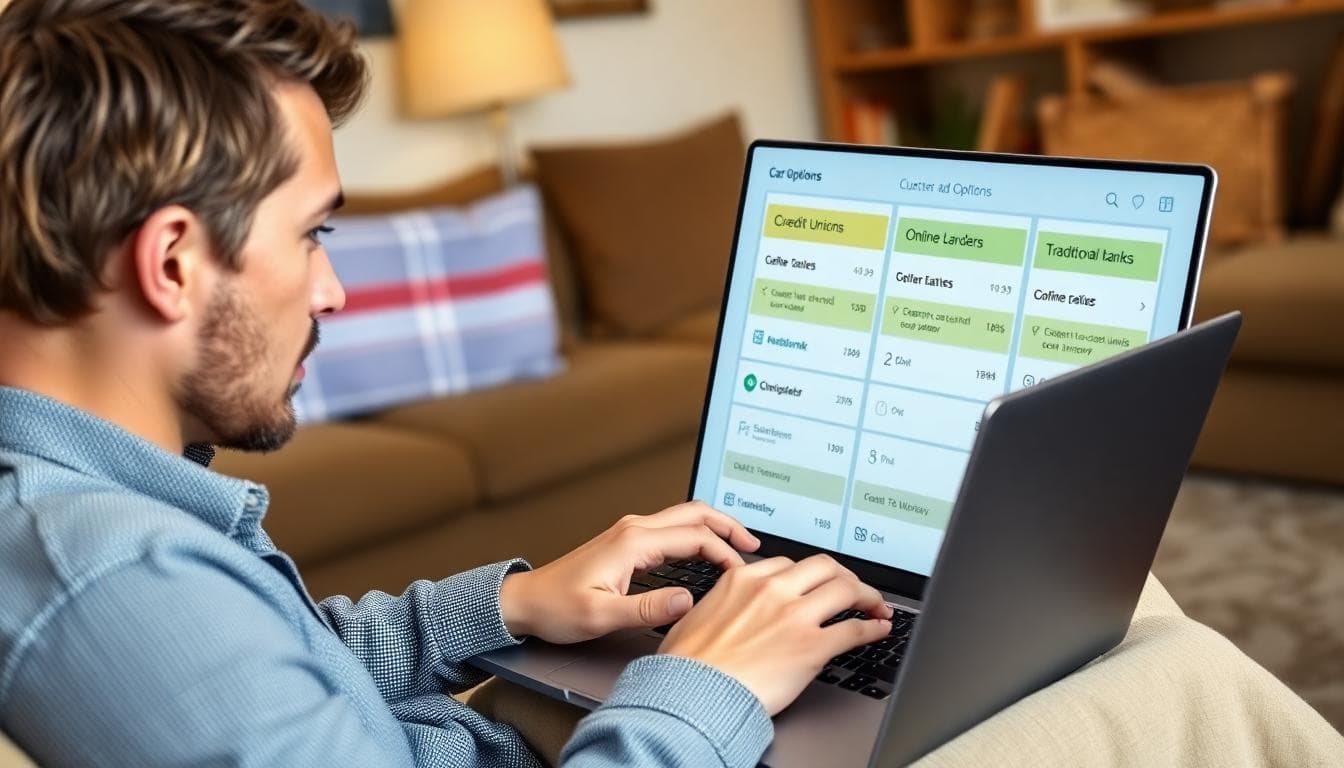 Person comparing auto loan options on a laptop at home, with credit union, online lender, and bank rate pages visible