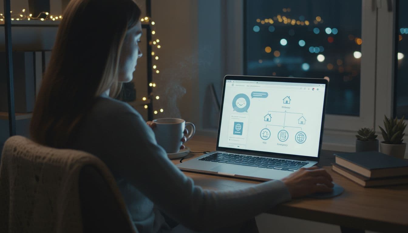 AI Consulate vs Embassy: The Complete Guide to Understanding Diplomatic Missions in 2026 A person in a cozy home office at night uses a laptop to navigate a diplomatic mission website with a chatbot and decision tree distinguishing embassy from consulate, featuring visa, passport, and emergency icons, screen glow on face, realistic style.