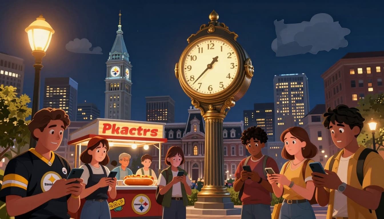 Humorous illustration of a giant analog clock tower in downtown Philadelphia at night showing 8:10 PM, with puzzled locals including a Steelers fan and cheesesteak vendor plus tourists checking smartphones against the iconic skyline. Subtle Pennsylvania outline in clouds, vibrant cartoonish realism with warm lighting and whimsical mood.