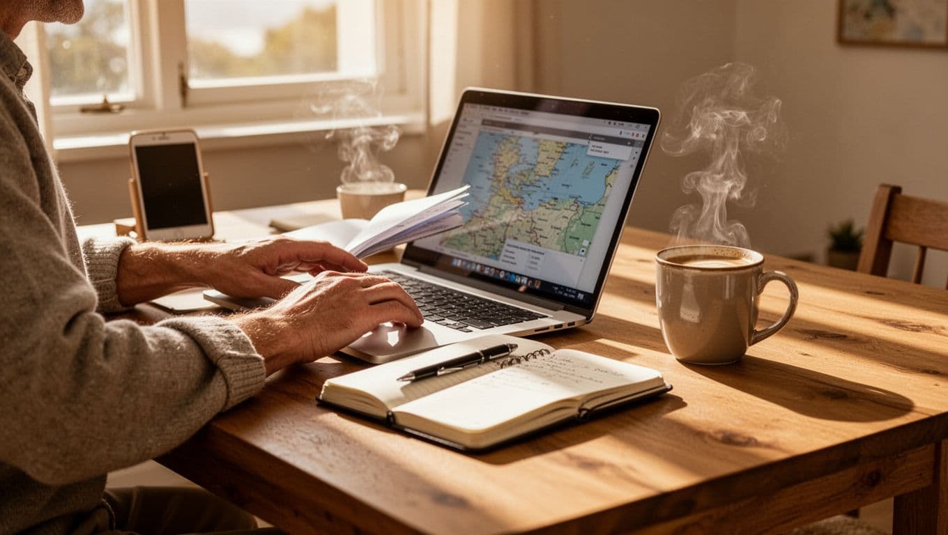 A person sits at a light wood desk, reviewing vacation documents on a laptop while a notebook and coffee mug rest nearby. Warm sunlight streams into the organized, inviting workspace.