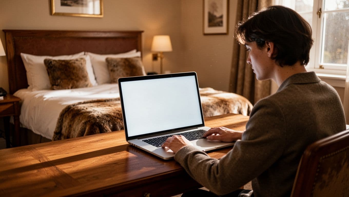 A focused individual sits at a wooden desk viewing resort accommodations on a laptop screen within a warmly lit, cozy hotel bedroom. Soft ambient lighting illuminates the desk area and screen.