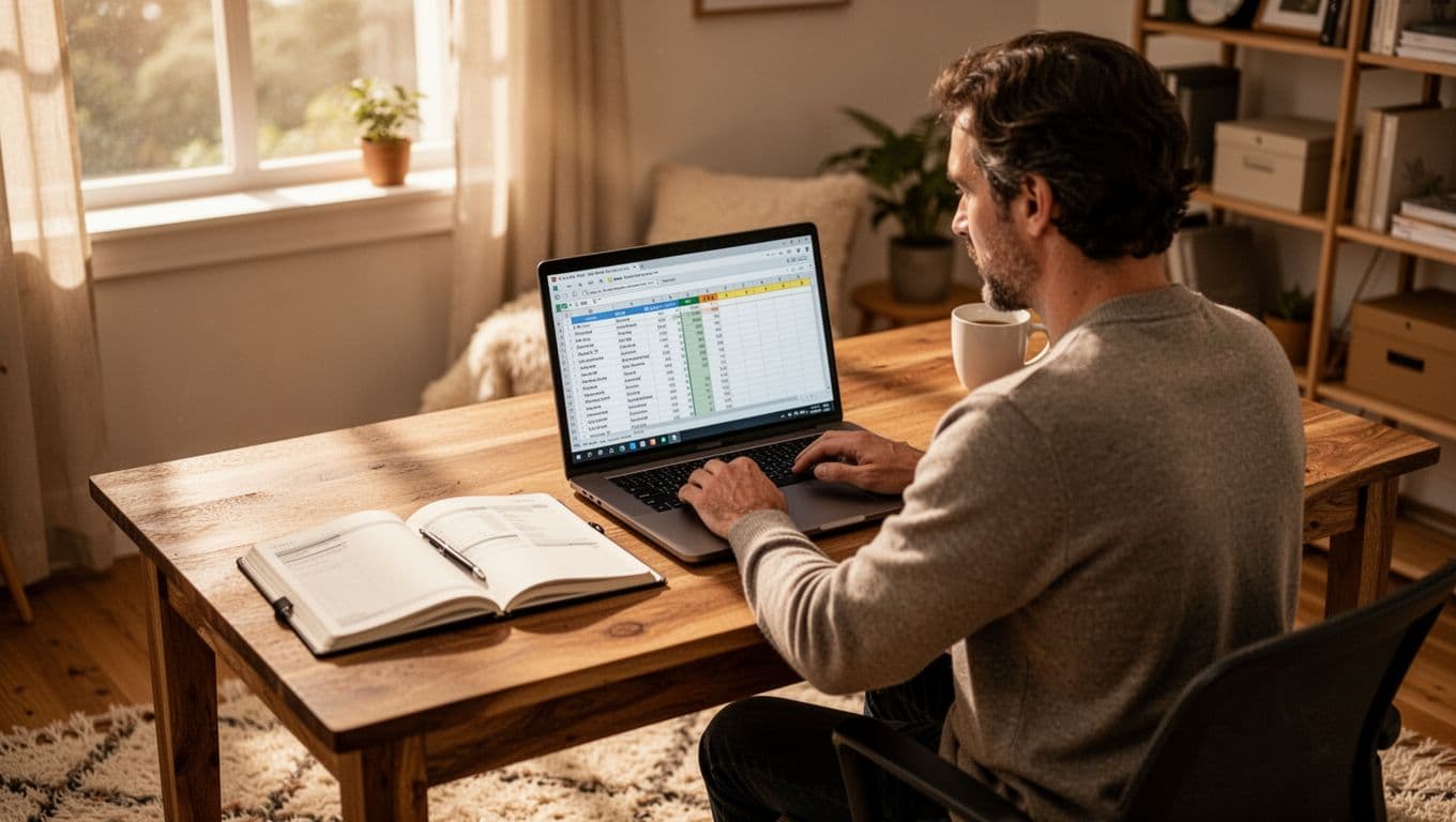 An individual sits at a wooden desk reviewing financial spreadsheets on a laptop screen. Beside the device lie a notebook and pen, representing careful calculations for an upcoming family vacation.