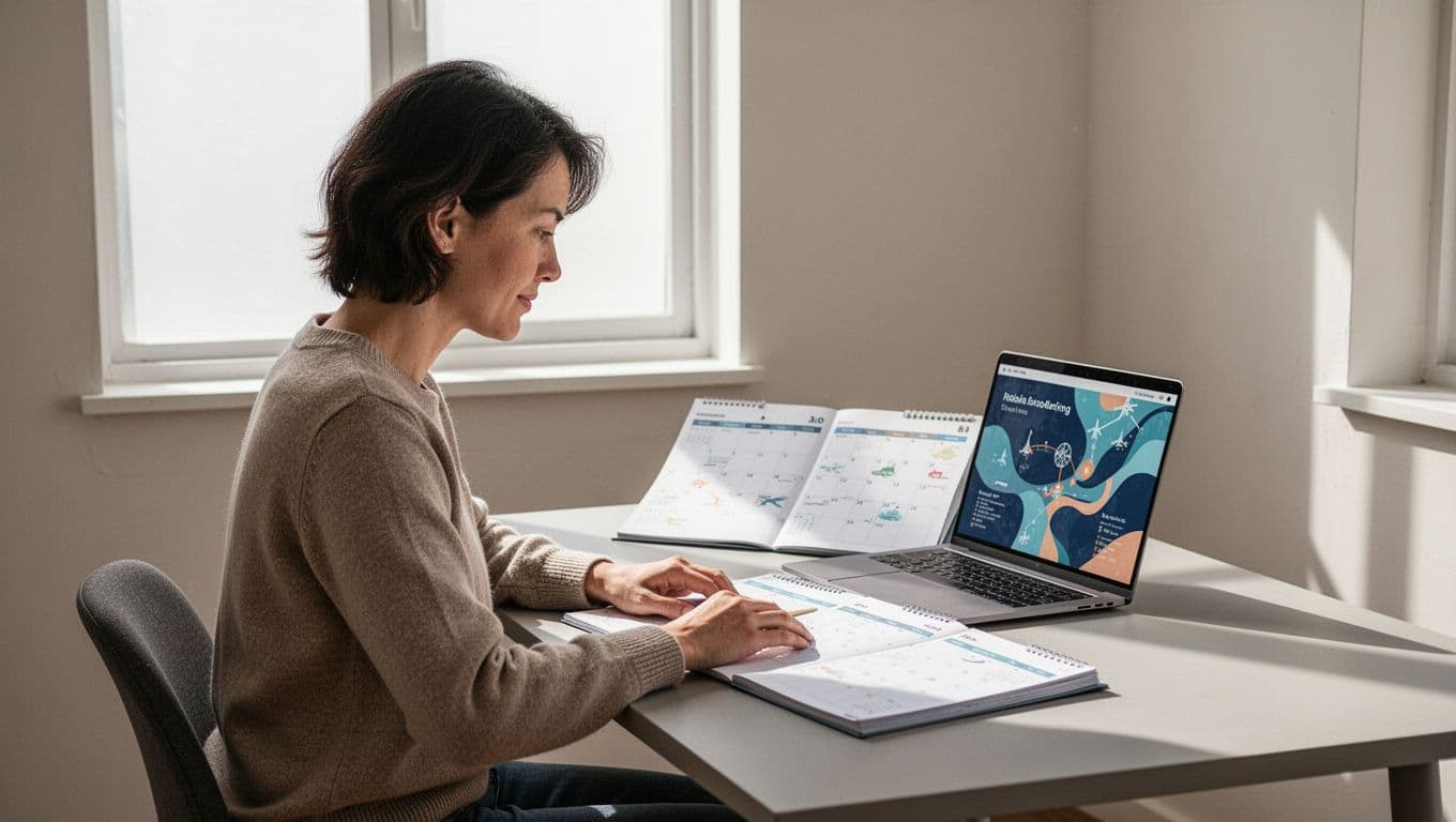 A focused individual sits at a minimalist wooden desk, studying a paper calendar while referencing information on an open laptop screen. Soft, bright natural light fills the neutral-toned workspace area.