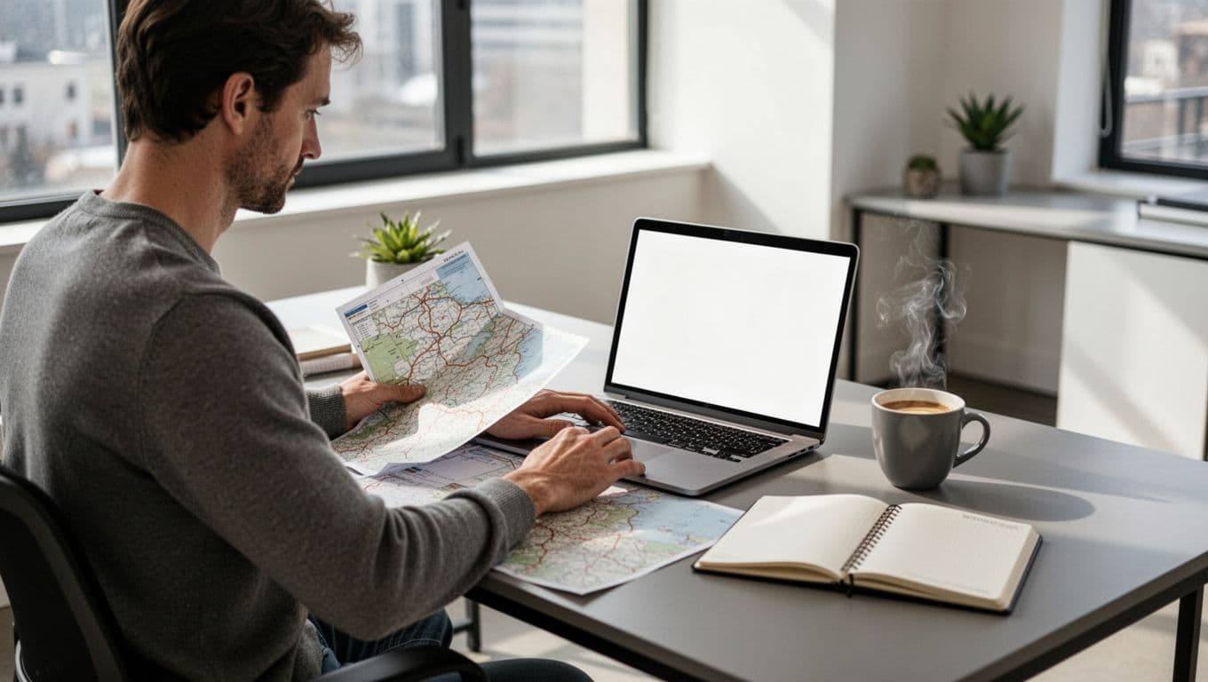 An individual sits at a clean desk covered with colorful travel maps, a digital laptop, and a notepad. A warm mug of coffee sits nearby in a bright, modern living space.