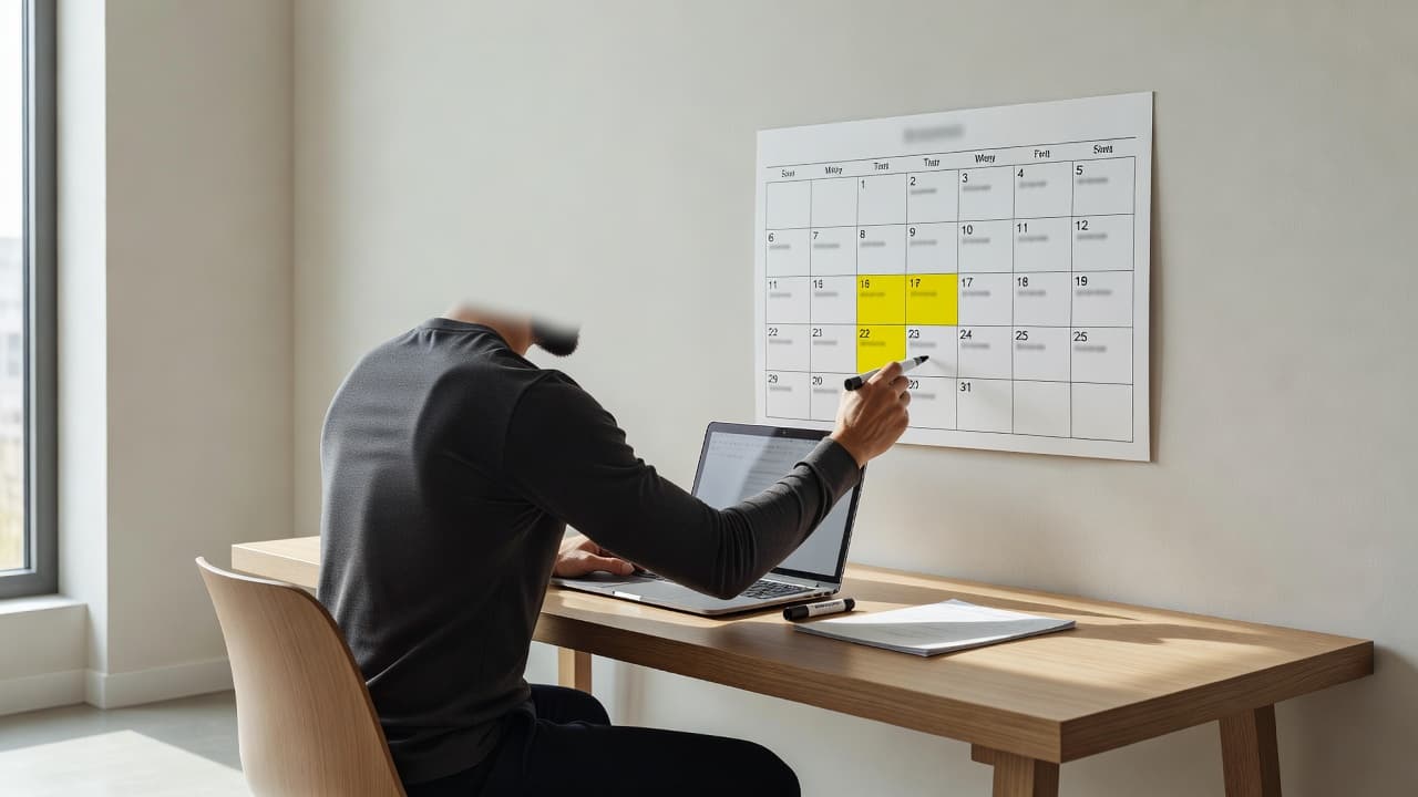 A person sits at a sleek desk marking dates on a wall calendar with a pen. An open laptop sits nearby as they research travel dates for an upcoming desert getaway.