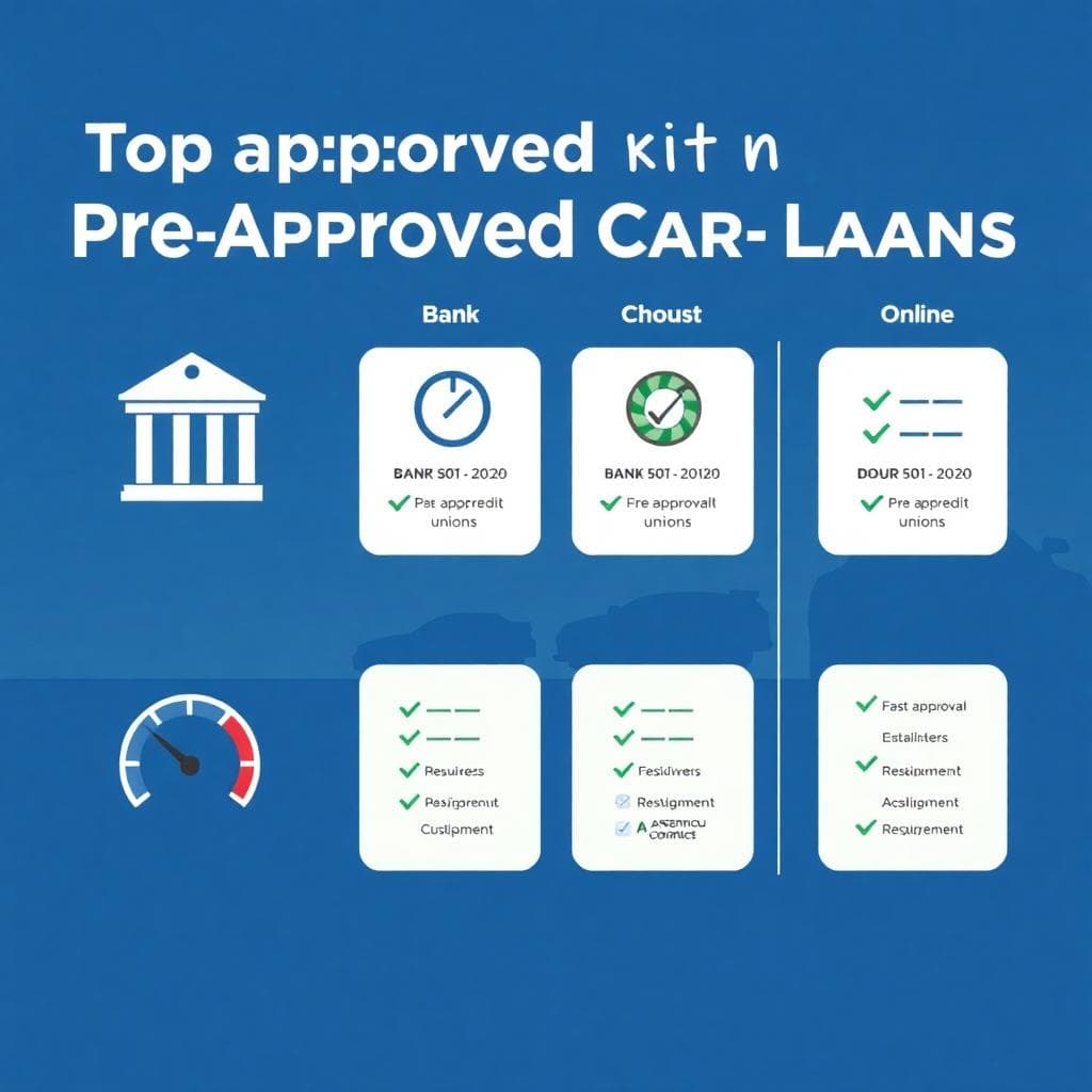 Infographic showing a quick comparison of banks, credit unions, and online platforms for pre-approved car loans