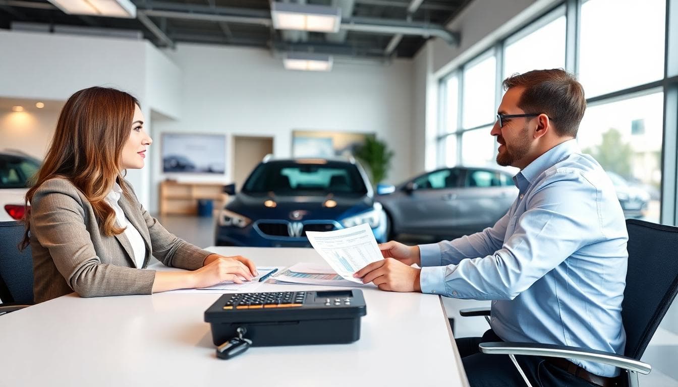 Car buyer discussing when to choose dealer financing with a finance manager in a modern office