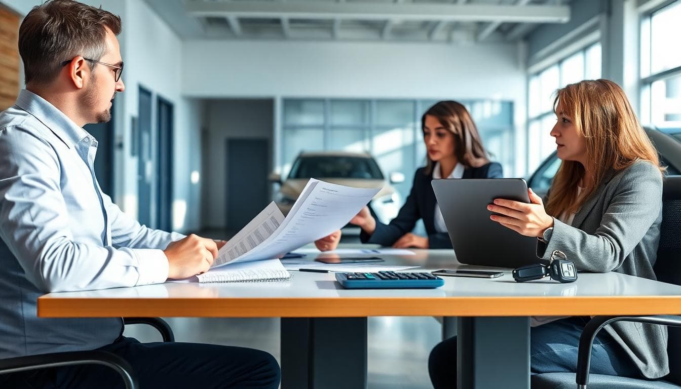 Car buyer meeting a finance manager in a modern dealership office