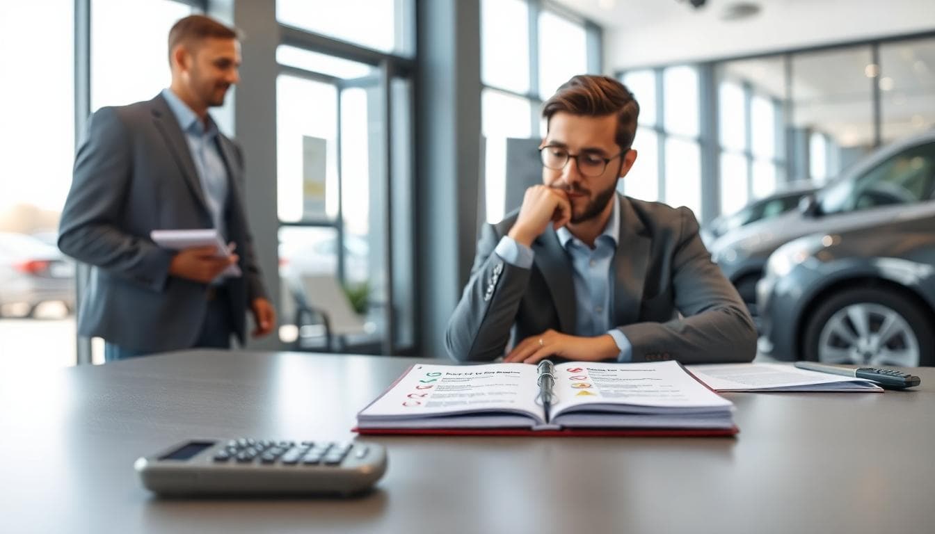 Buyer weighing pros and cons with a finance manager in a modern dealership office