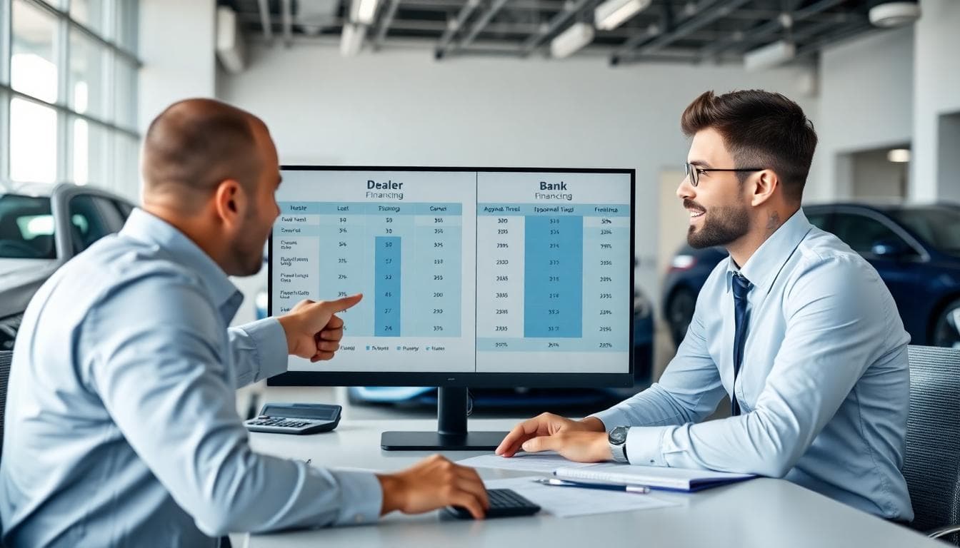 Buyer and finance manager reviewing a side-by-side financing comparison on a screen in a modern office.
