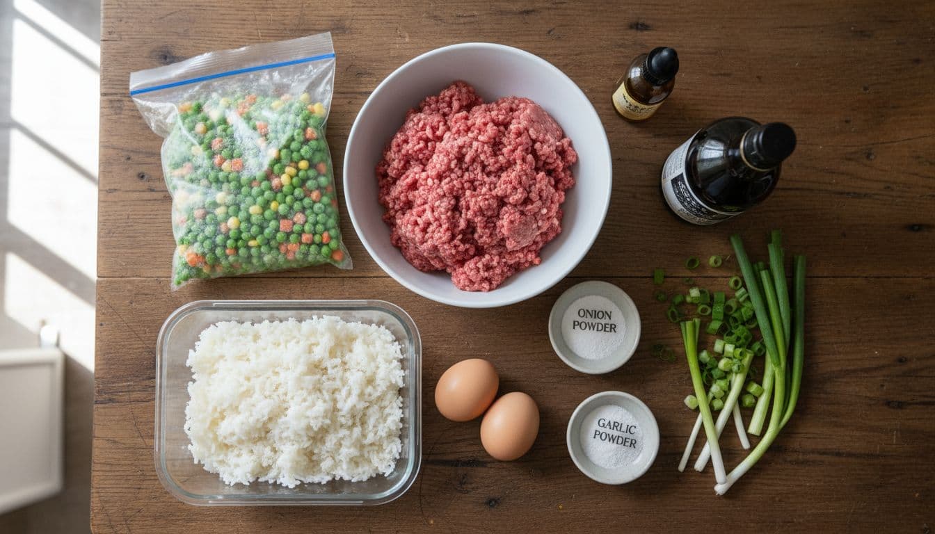 Flat lay of ingredients for quick skillet fried rice: ground beef, frozen mixed veggies, cooked rice, eggs, soy sauce, garlic and onion powders, sesame oil, and green onions on a wooden counter. Image created with AI.