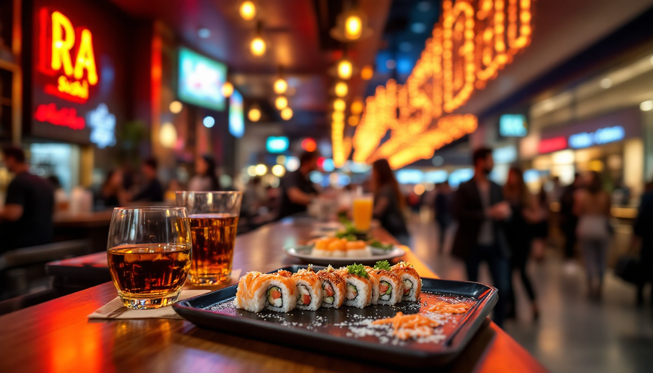 Ultra realistic image of RA Sushi Bar at Fashion Show Mall in Las Vegas, late-night happy hour vibe with neon signage, sushi plates, sake and highballs on the bar, shoppers in the background, warm lighting and lively yet chic atmosphere. Image created with AI.