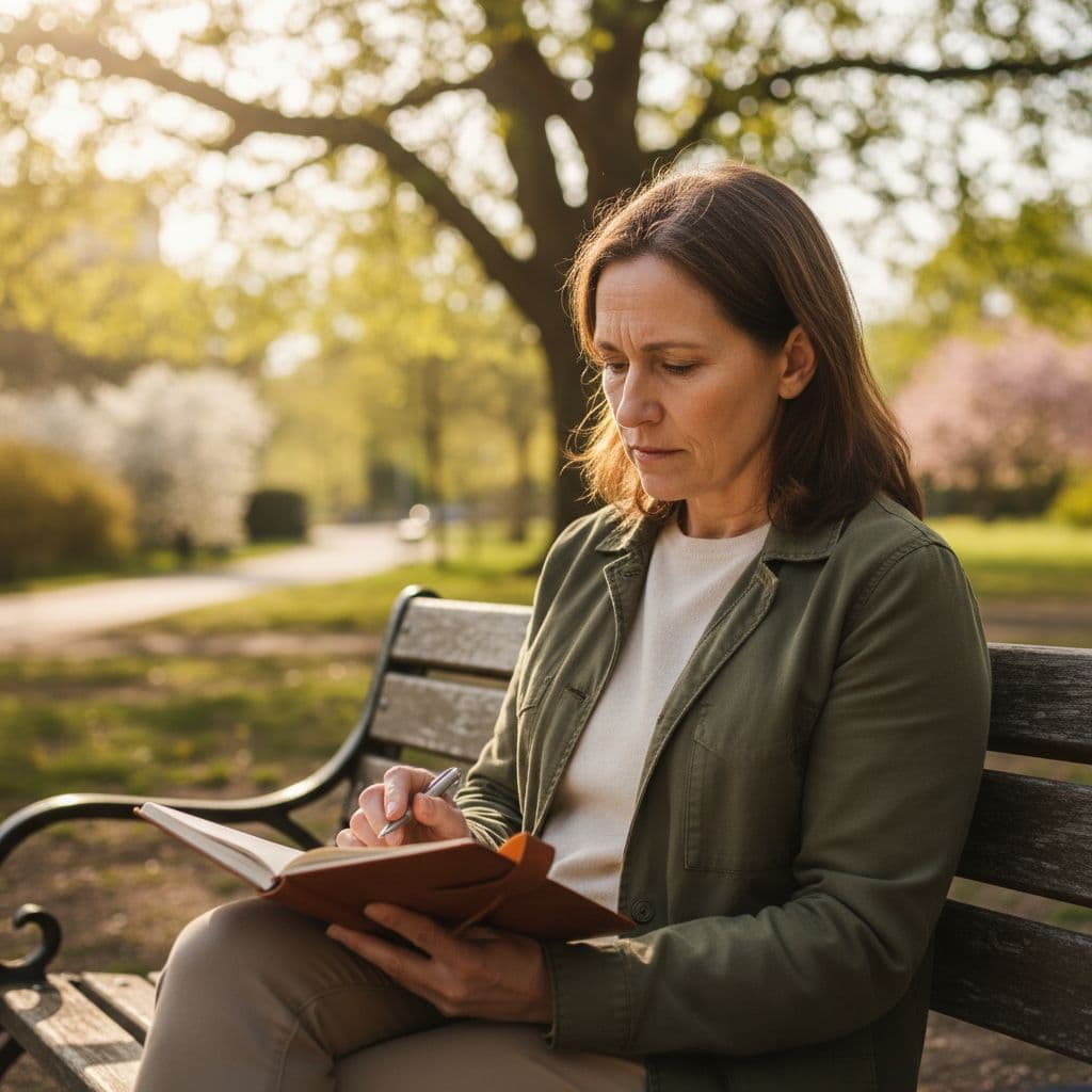 A reflective person journaling moods on a park bench at sunset, symbolizing careful self-check and hope