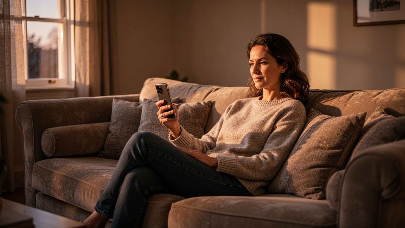 Person sits calmly on couch in living room holding smartphone with screen angled away, soft evening light.