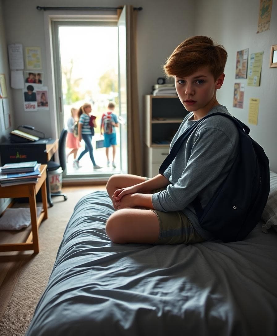 A teen on the edge of their bed, backpack on, stalling before school with tense posture and anxious eyes