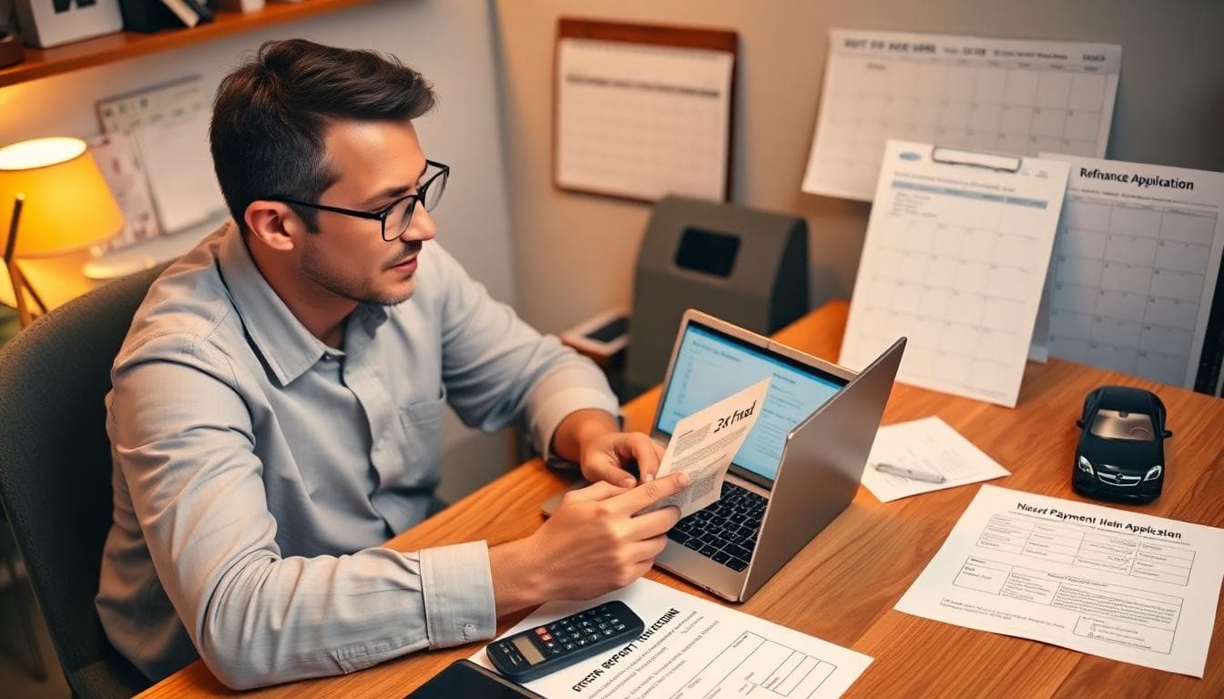 A determined buyer reviewing an improving credit score with pay stubs, bank statements, a calculator, and a model car on a tidy desk