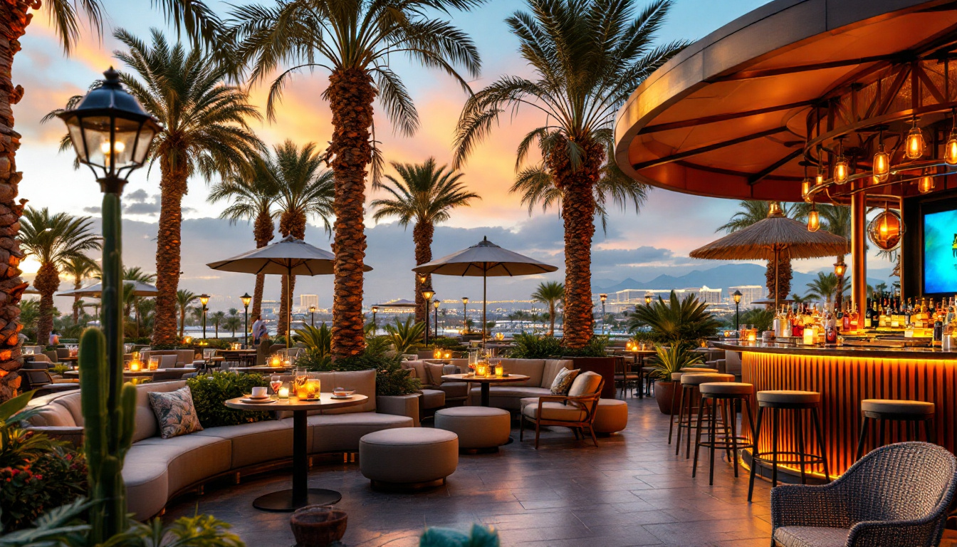 Ultra realistic photo of Rhumbar at The Mirage in Las Vegas, showing outdoor seating, tropical palm trees, rum bottles on the bar, sunset atmosphere, and relaxed guests laughing with drinks. Image created with AI.