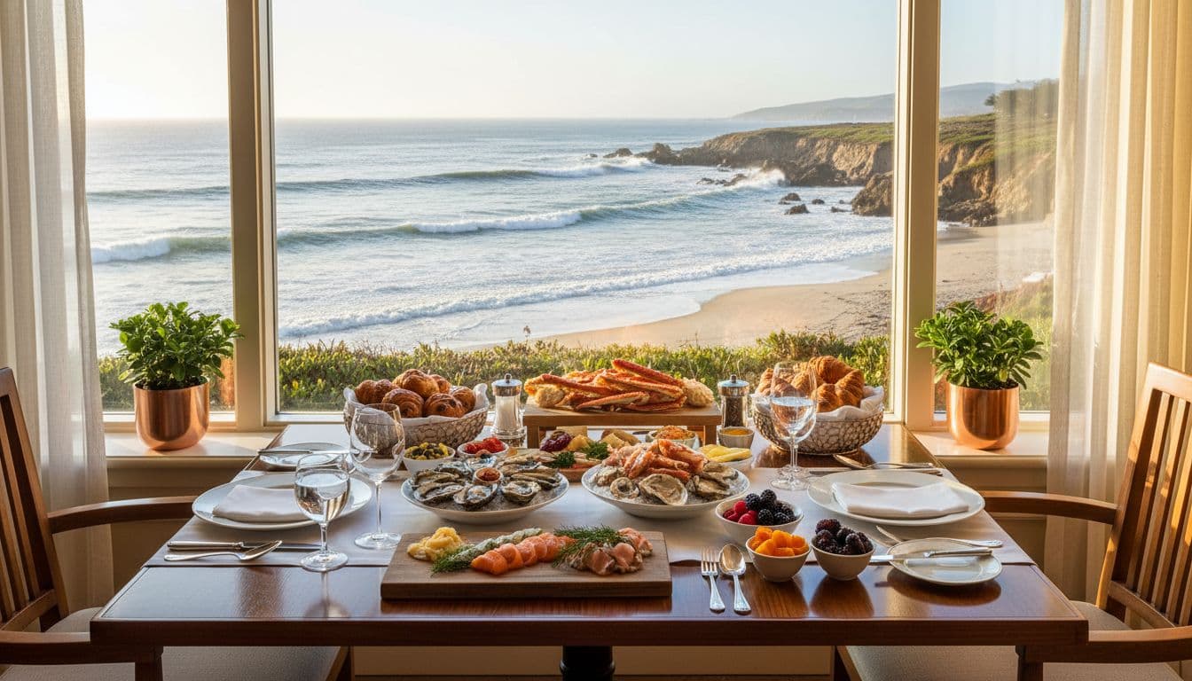 Ocean view brunch table at Navio with seafood and pastries by a window overlooking Half Moon Bay cliffs and waves. Image created with AI.