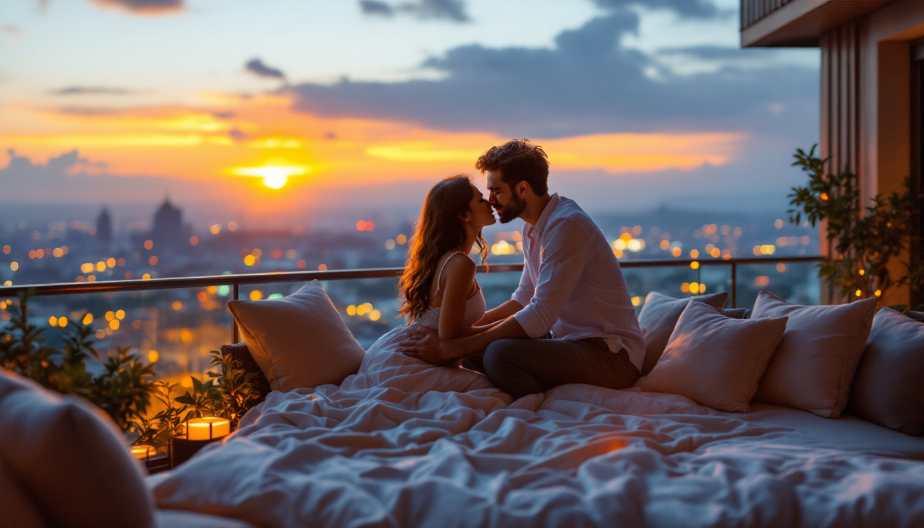 Ultra hyper realistic photo style image of a couple sharing a quiet moment in a hotel balcony or private lounge. Sunset glow, city lights below, soft cushions, and comfortable seating. They lean in for a kiss or close conversation, with a sense of warmth and trust. The setting is serene and romantic, a retreat from the bustle outside. Image created with AI.