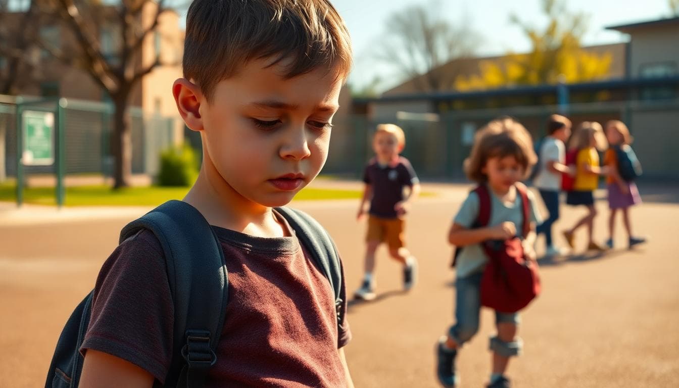 An elementary school child standing alone on a busy playground, looking down while others play nearby