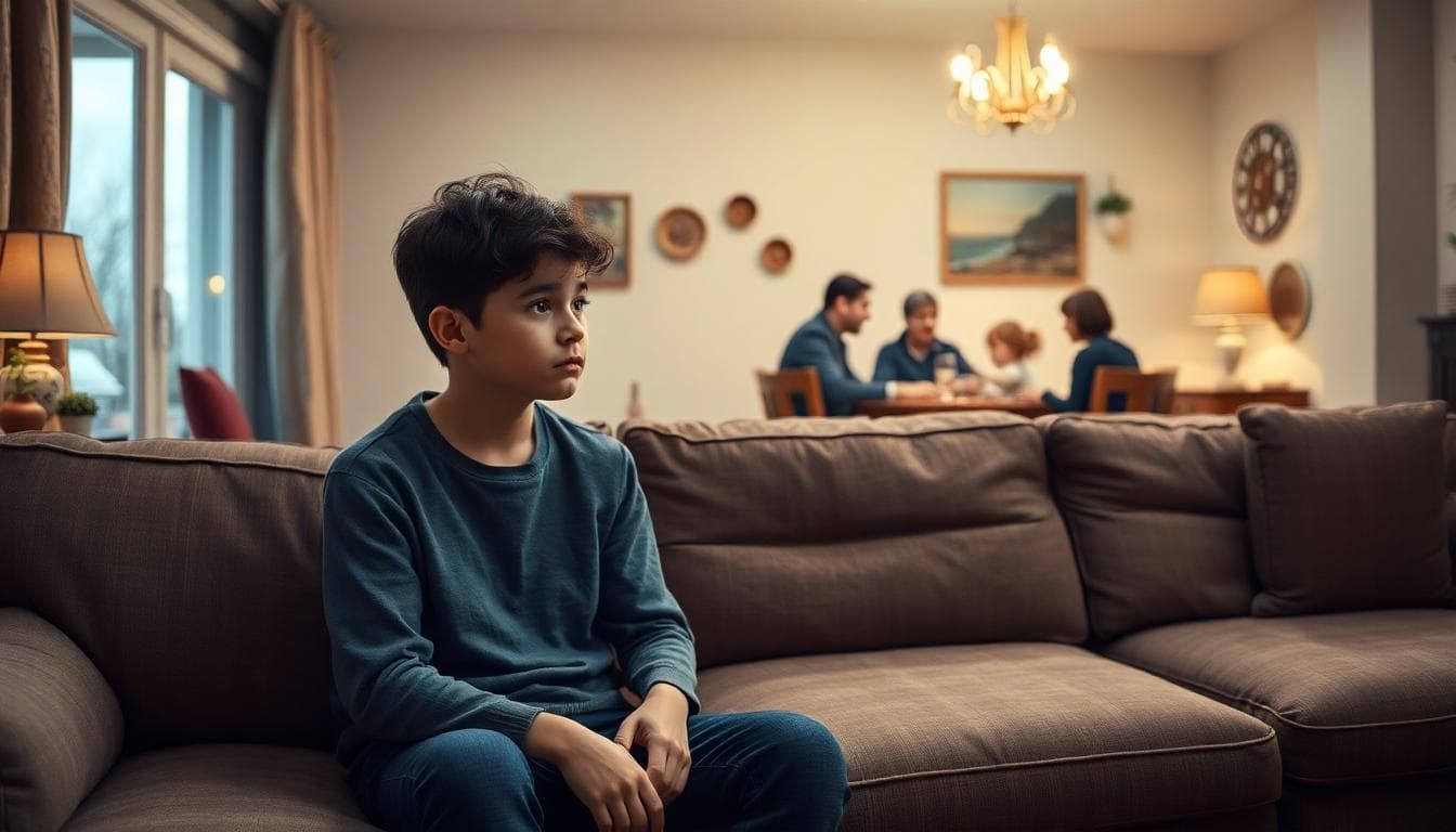 A teen sitting apart in a cozy living room, staring out the window while family chats in the background