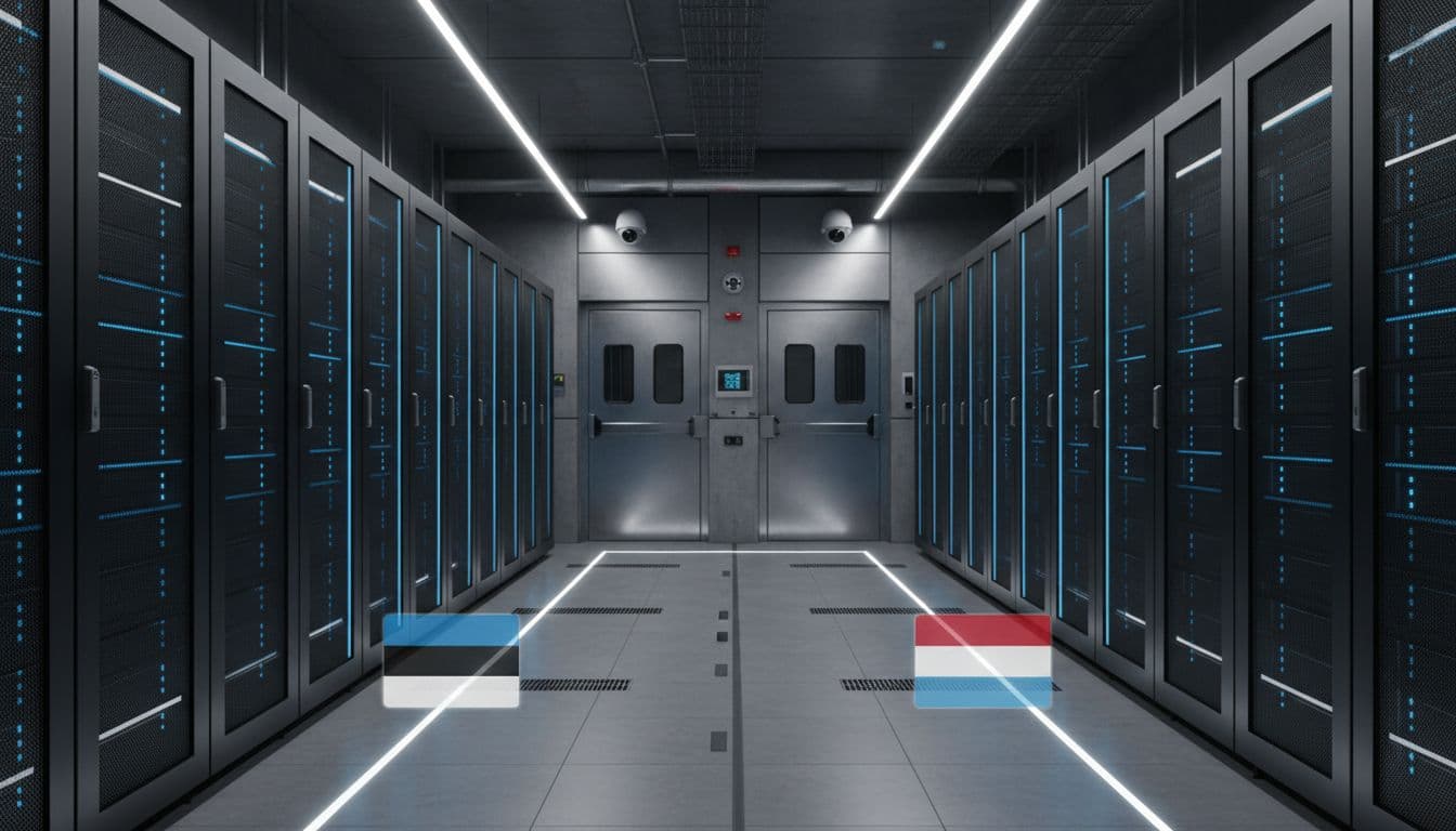AI Consulates in Action: What You’ll Notice When You Need Help Abroad Secure data center room with rows of glowing blue server racks, subtle Estonian and Luxembourg flags in foreground, high security doors and cameras under dim LED lighting in a futuristic industrial style.