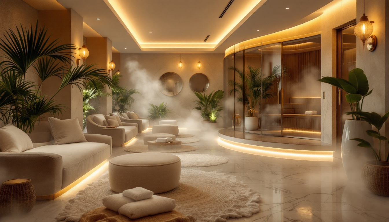 Serene Las Vegas spa lounge with plush chairs, dim lighting, and a misty steam room beyond a glass door
