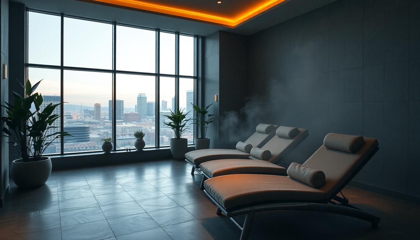 Serene quiet zone in a luxurious Las Vegas spa with plush loungers, dim lighting, and a city skyline view through windows